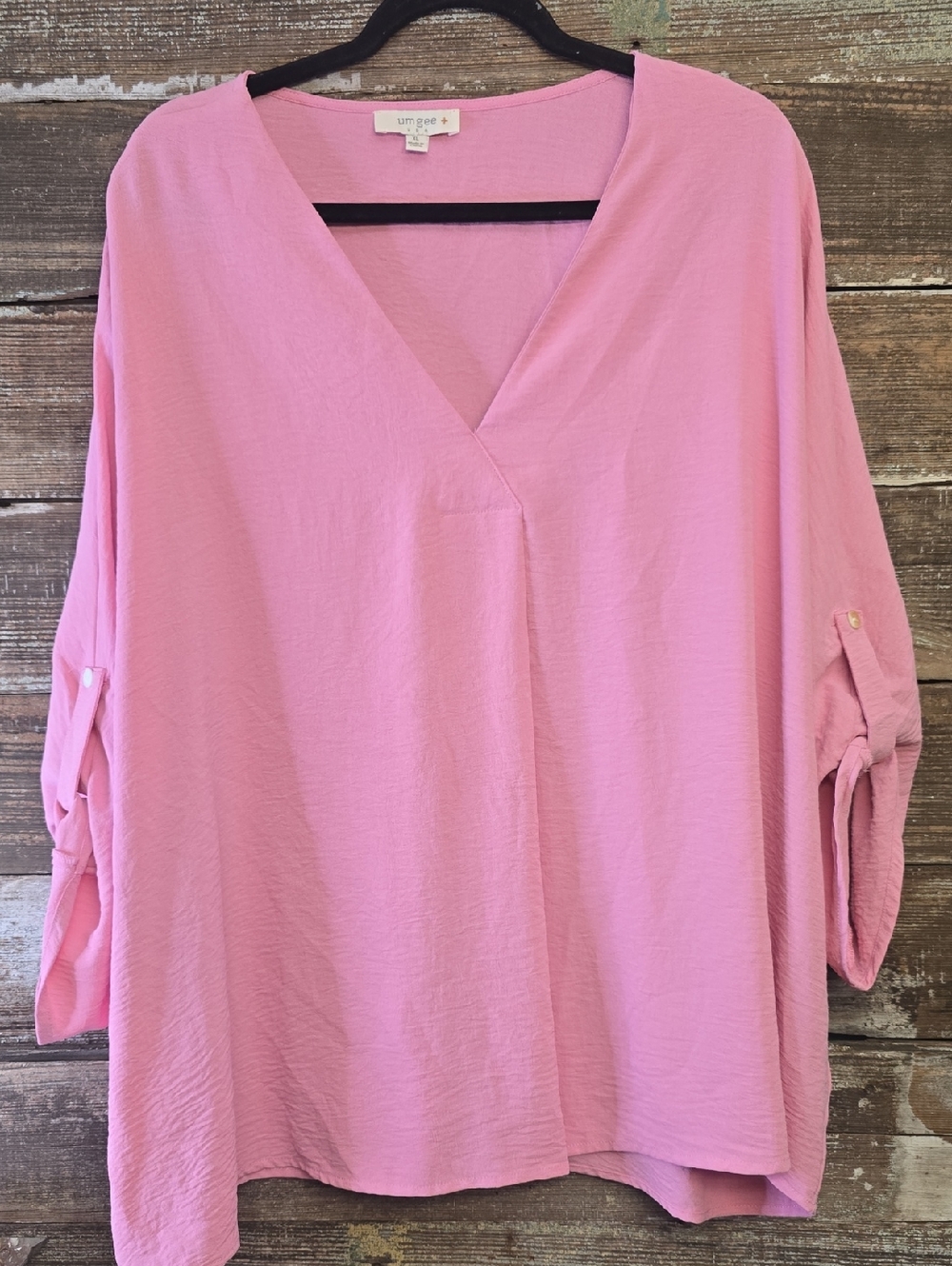 Umgee Pink V-Neck Roll-Tab Tunic Top, Size XL, Oversized
